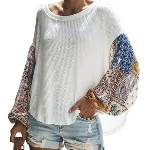 Boho Mixed-Sleeve Waffle Knit Top - White